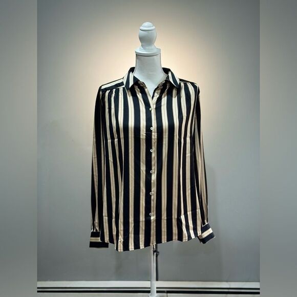 Cream/Black Haver & Blair Striped Blouse Size M EUC - Picture 1 of 6